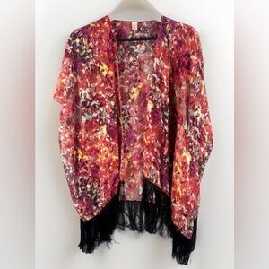 Vibrant Abstract Open Front Poncho with Fringe